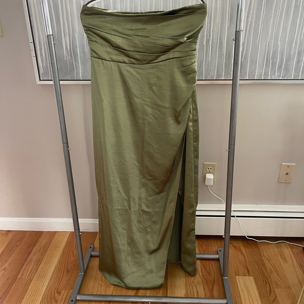 Silk Green Strapless Slip Dress with Slit